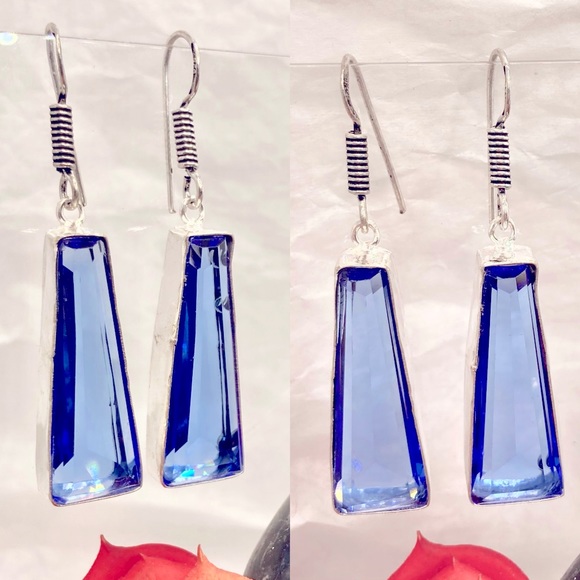 Baguette Cut Swiss Blue Topaz Handmade Earrings - Picture 3 of 4